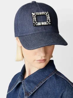 Roger Vivier Viv' Skate Strass Buckle Baseball Cap in Denim Discount